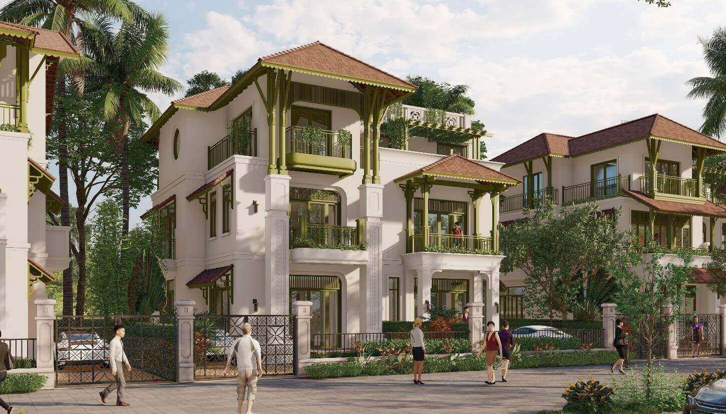 Biệt thự đơn lập tại Sun Bắc Ninh với kiến trúc Indochine, không gian sân vườn rộng và cảnh quan xanh tại Bắc Ninh.