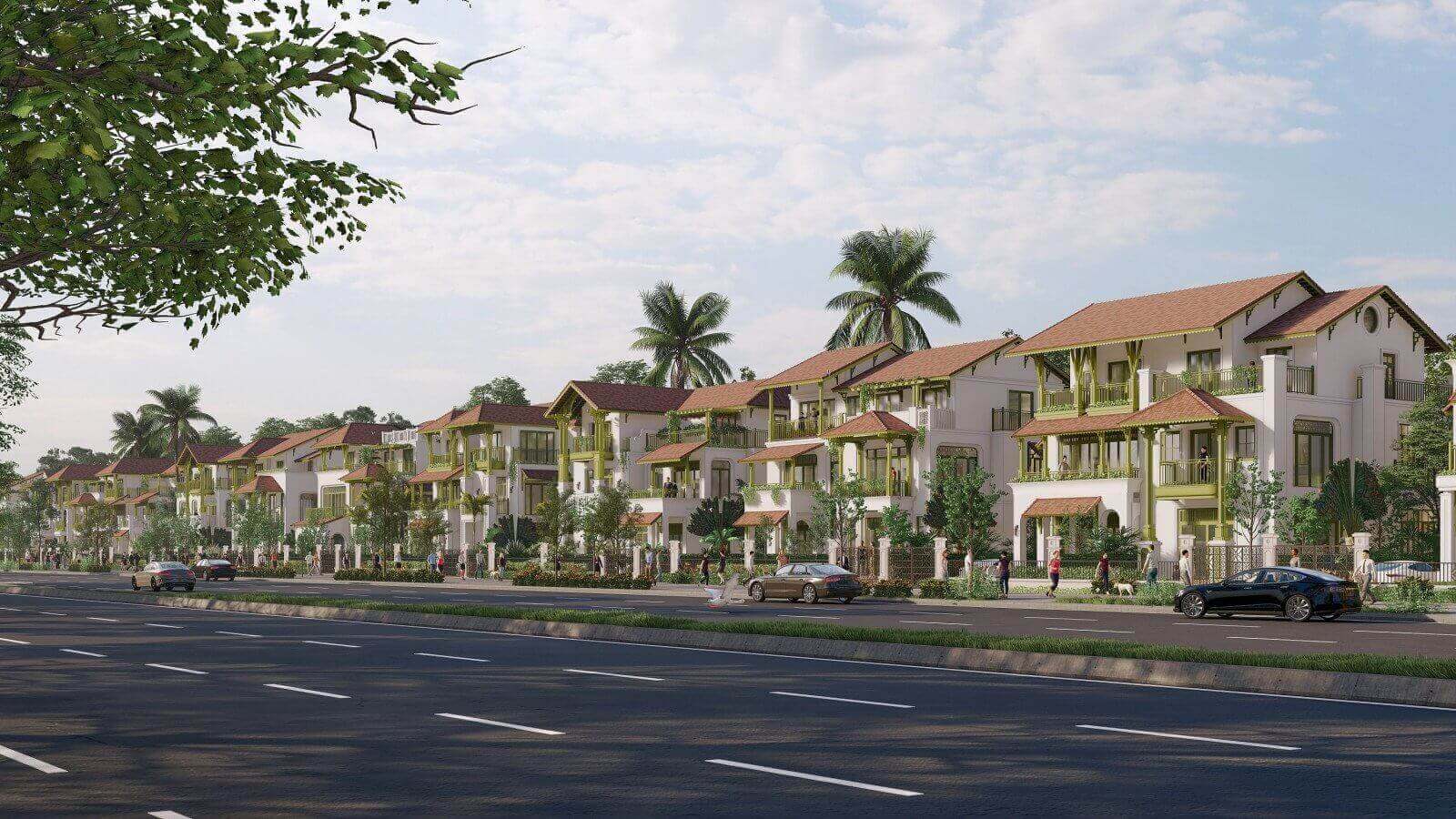 Khu biệt thự song lập tại Sun Bắc Ninh với kiến trúc Indochine, không gian sân vườn xanh và tuyến đường nội khu rộng tại Bắc Ninh.