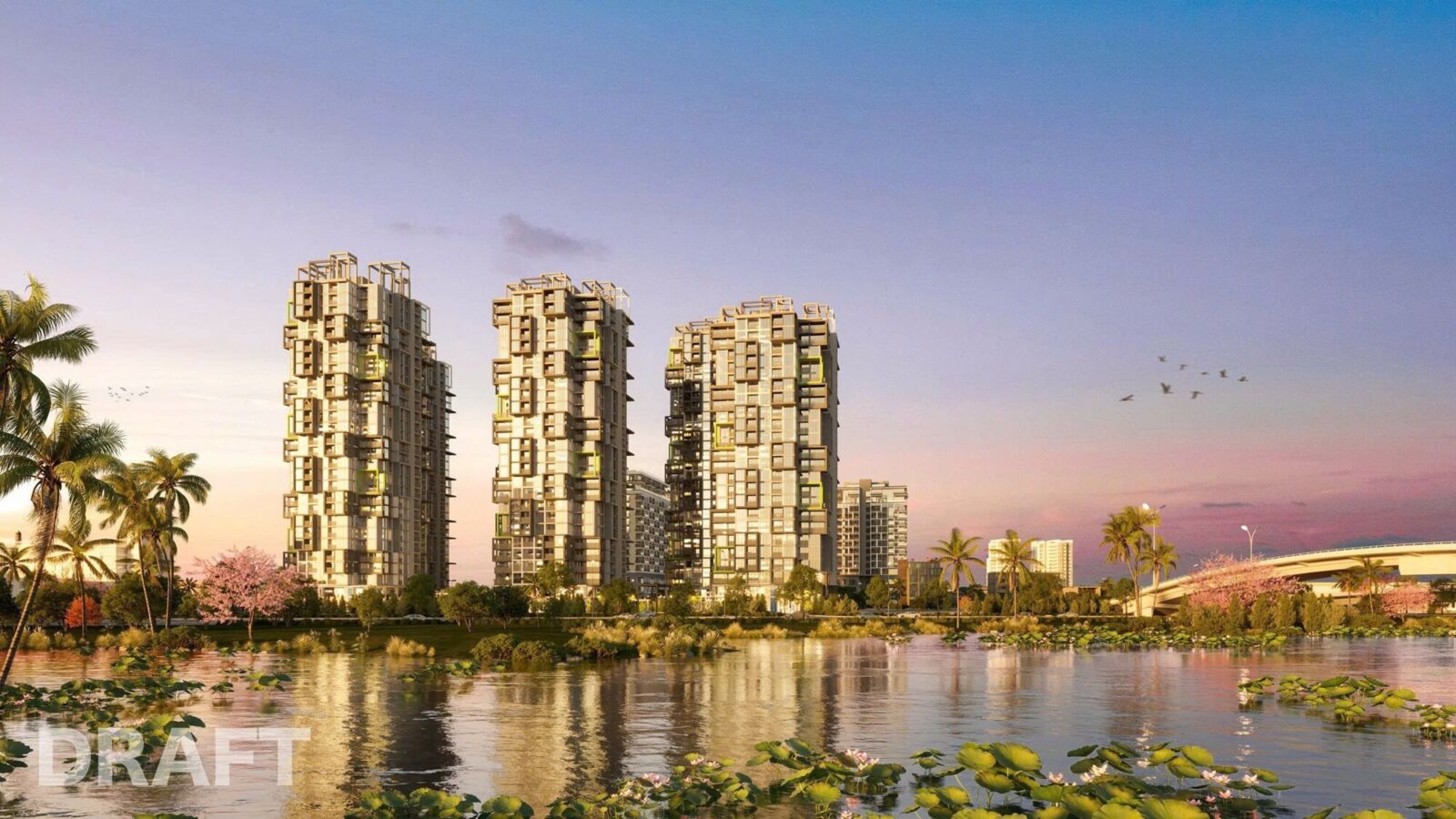 Tòa chung cư cao tầng tại Sun Bắc Ninh với kiến trúc hiện đại, không gian cảnh quan hồ nước và công viên xanh tại Bắc Ninh.