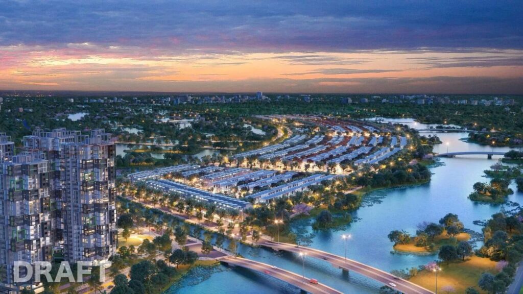 Phối cảnh khu đô thị Sun Group Từ Sơn về đêm với hệ thống sông hồ và khu nhà phố hiện đại