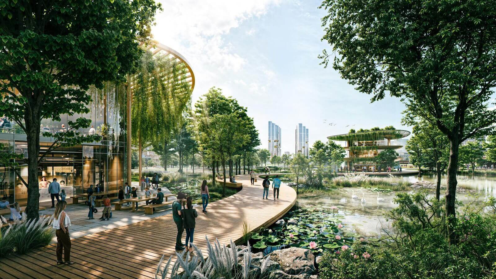 Phối cảnh công viên sinh thái, hồ cảnh quan và khu tiện ích xanh tại dự án Sun Bắc Ninh do Sun Group phát triển, mang đến không gian sống nghỉ dưỡng giữa lòng Bắc Ninh.