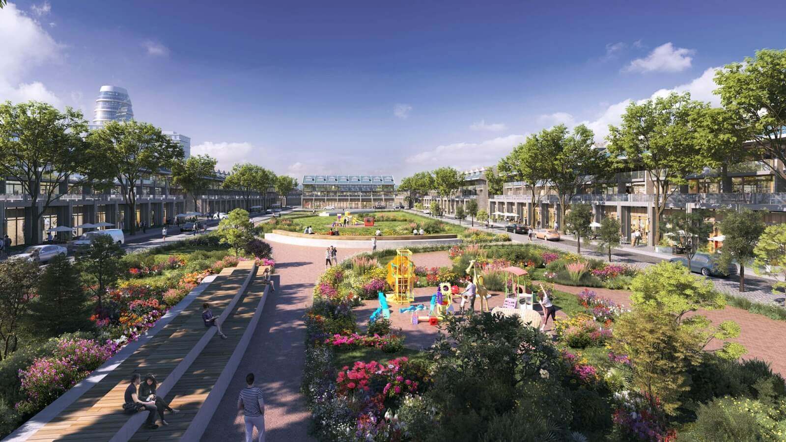 Phối cảnh quảng trường trung tâm, công viên cây xanh và khu vui chơi trẻ em tại dự án Sun Bắc Ninh do Sun Group phát triển, mang đến không gian sống hiện đại tại Bắc Ninh.