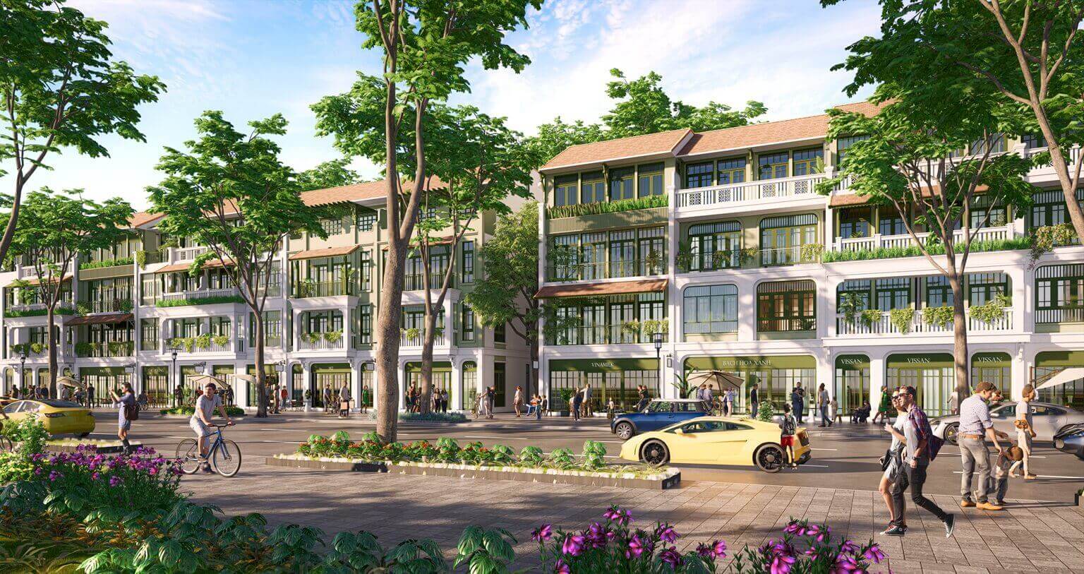 Dãy townhouse mặt tiền 8m Sun Group Bắc Ninh phong cách Indochine với không gian phố thương mại hiện đại, cửa hàng dịch vụ và tuyến phố xanh tại Bắc Ninh.