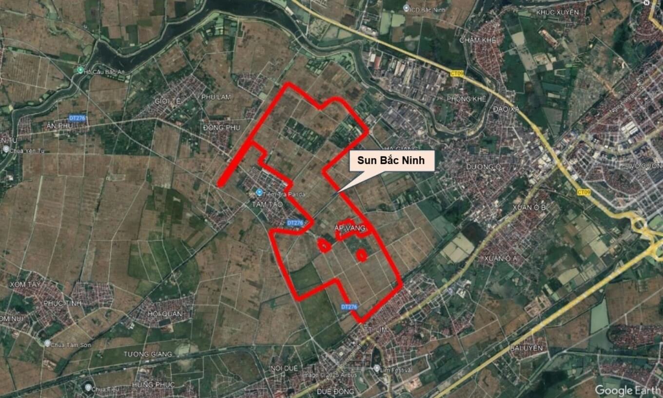 Bản đồ vệ tinh vị trí Sun Group Bắc Ninh do Sun Group phát triển, nằm tại khu vực Tam Tảo, Đồng Phú, gần tuyến đường DT276 và làng nghề Phong Khê thuộc phường Võ Cường, tỉnh Bắc Ninh.