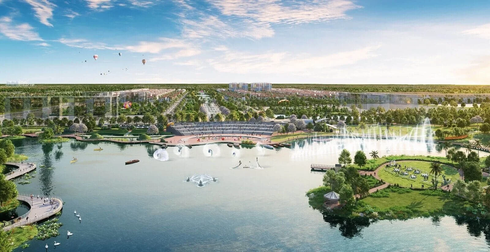 Phối cảnh khu đô thị sinh thái Sun Group Bắc Ninh với hồ điều hòa, công viên xanh và khu nhà ở hiện đại